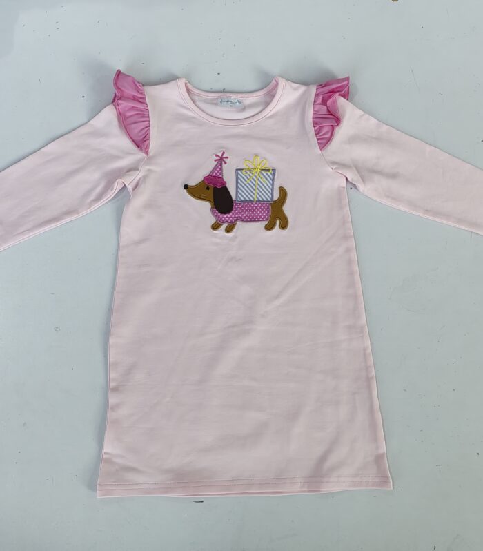 Girls Birthday Dachshund Applique Long Sleeve Dress