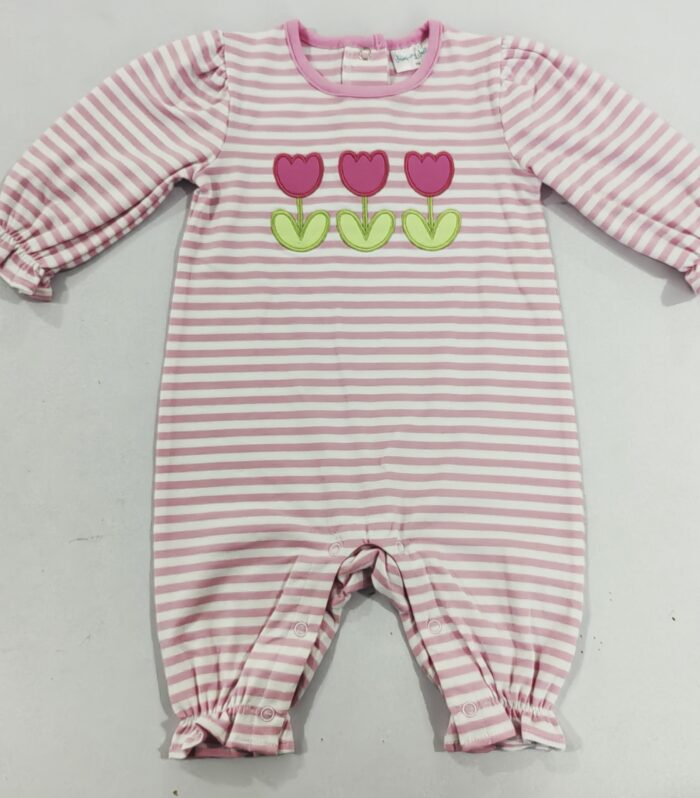 Baby Pink White Stripe Tulip Applique Longall Romper