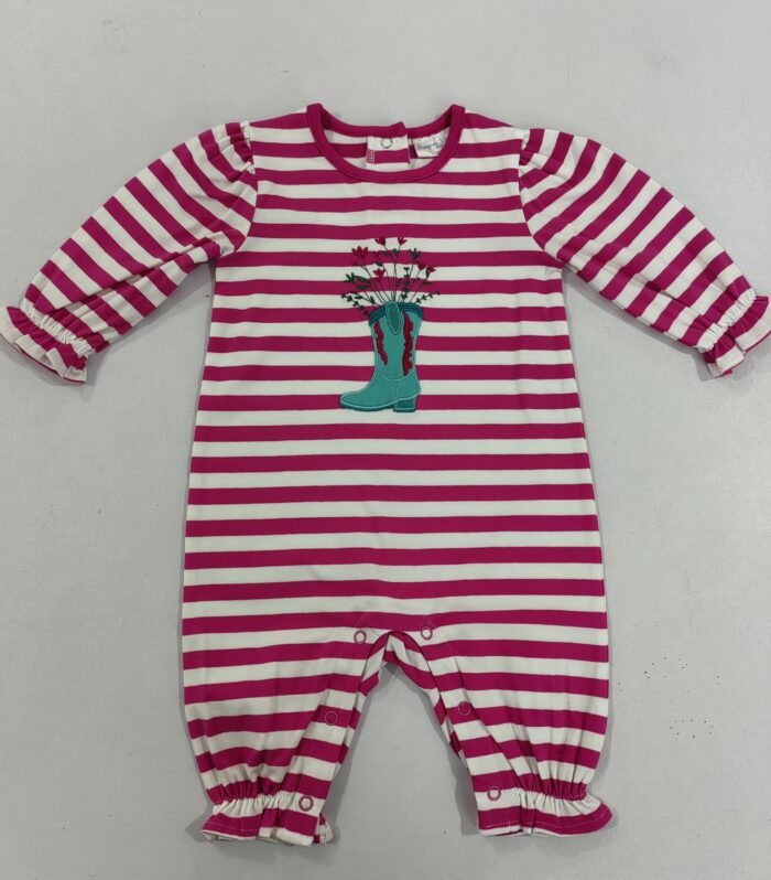 Baby Fuchsia White Stripe Cowboy Boot Floral Applique Romper