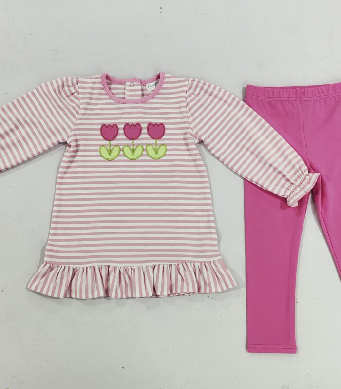 Girls Pink Striped Tulip Applique Tunic & Solid Pink Legging Set