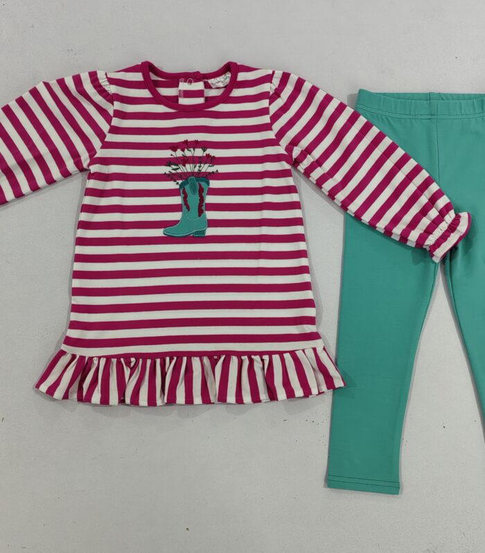 Girls Fuchsia Stripe Cowboy Boot Applique Tunic & Teal Legging Set