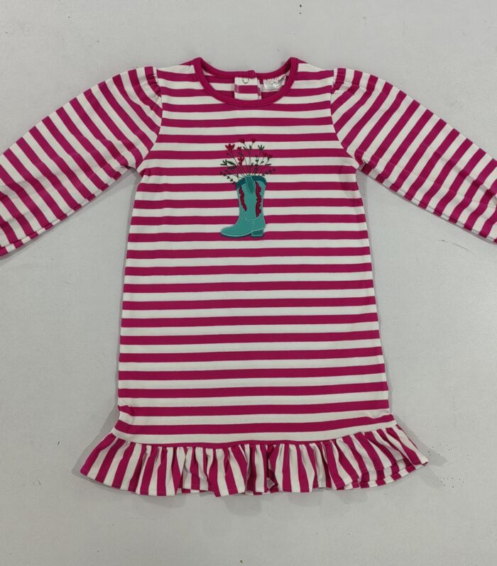 Girls Fuchsia White Stripe Cowboy Boot Applique Long Sleeve Dress