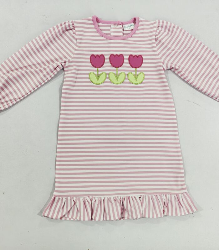 Girls Light Pink Stripe Tulip Applique Long Sleeve Dress