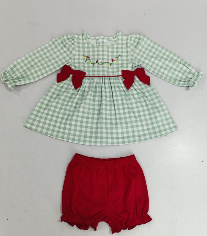 Girls Green Gingham Christmas Light Bow Tunic & Red Ruffle Bloomer Set