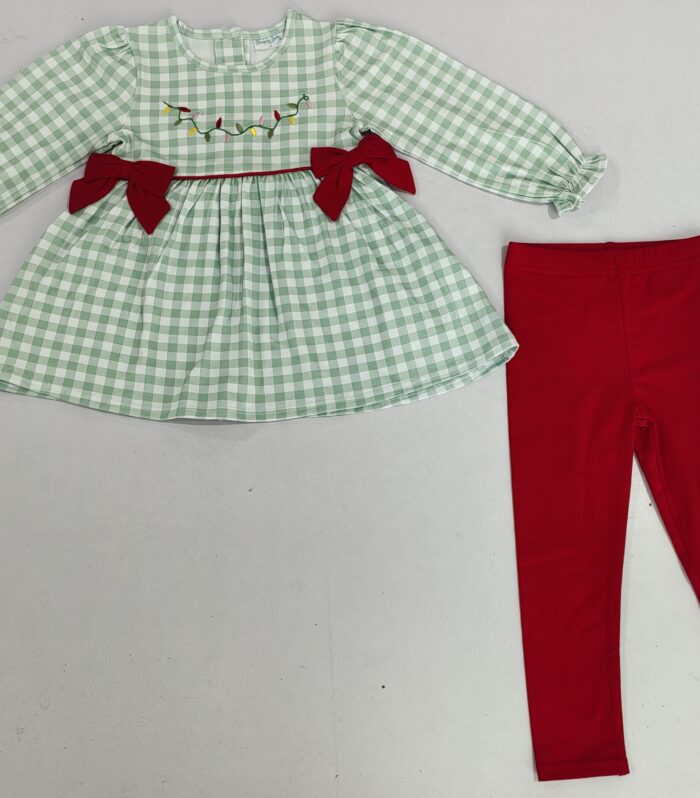 Girls Green Gingham Christmas Light Bow Tunic & Red Legging Set