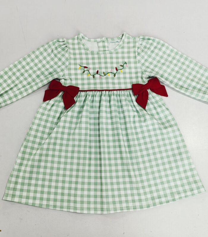 Girls Green Gingham Christmas Light Bow Long Sleeve Dress