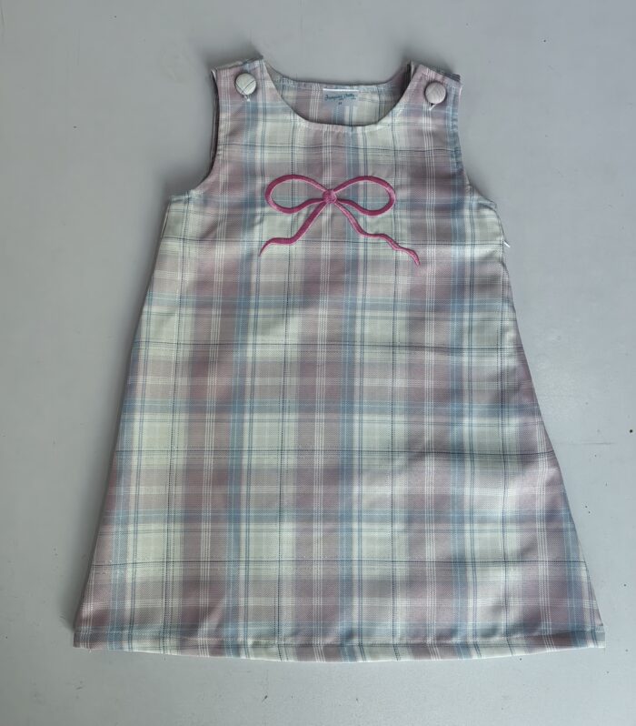 Girls Pastel Plaid Bow Applique Sleeveless Jumper Dress