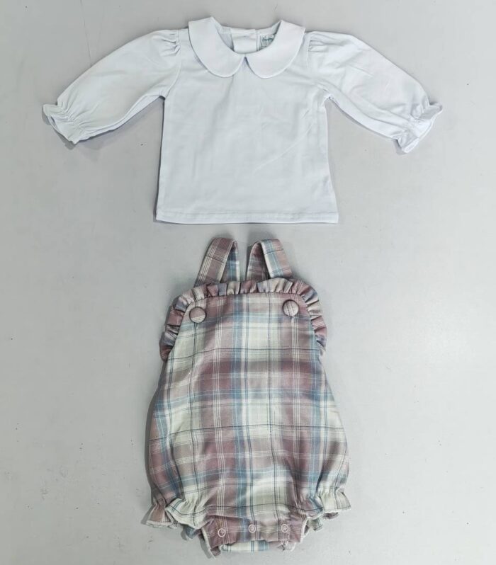 White Peter Pan Tee & Pastel Plaid Ruffle Strap Bubble Romper Set