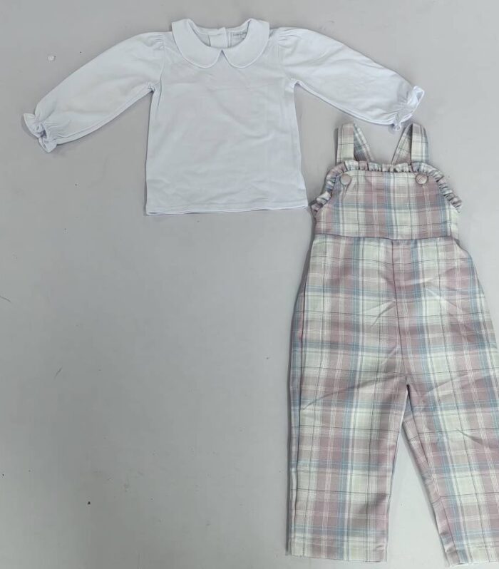 White Peter Pan Blouse & Pastel Plaid Overalls Pants Set