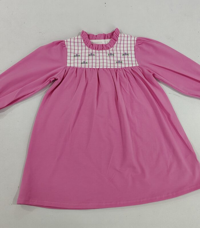 Girls Hot Pink Smocked Grid Floral Embroidery Long Sleeve Dress