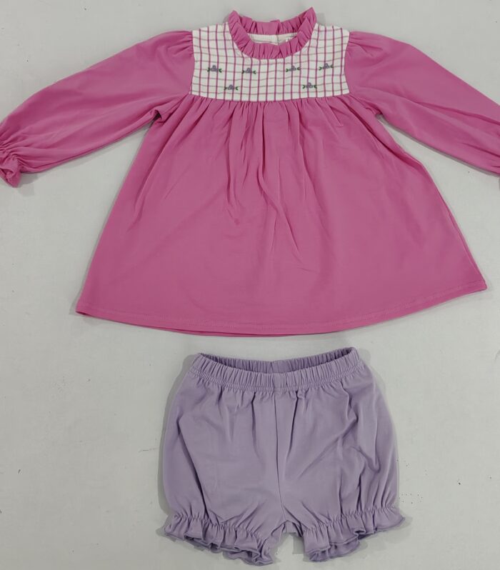 Pink Grid Floral Yoke Tunic & Lavender Ruffle Bloomer Set
