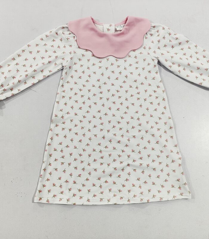 Girls Pink Tulip Print Scalloped Collar Long Sleeve Dress