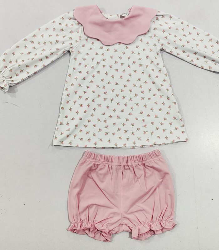 Girls Pink Tulip Print Scalloped Collar Top & Ruffle Bloomer Set
