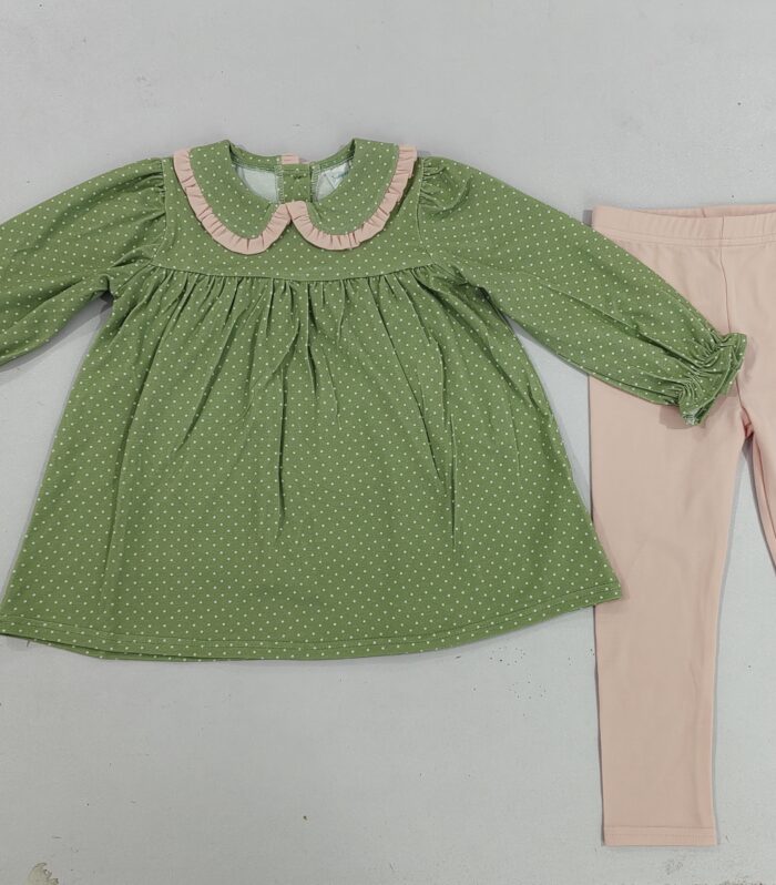 Girls Green Polka Dot Ruffle Peter Pan Top & Blush Legging Set