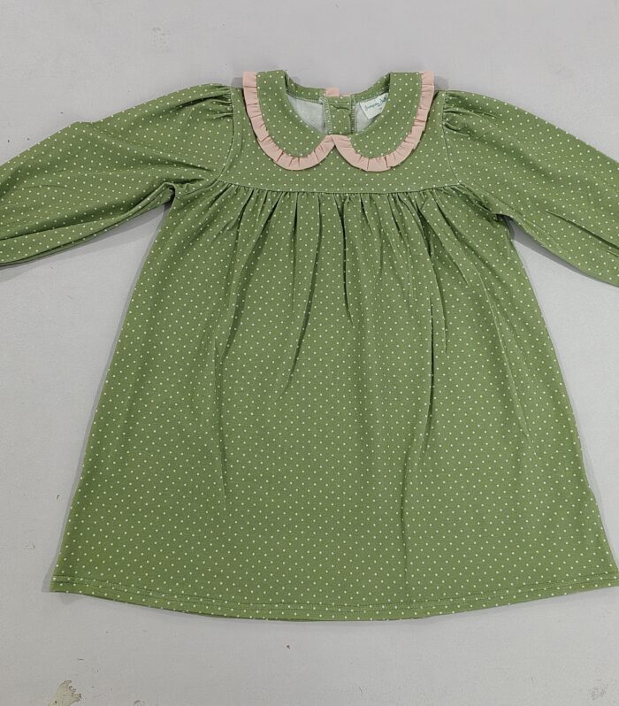 Girls Sage Green Polka Dot Pink Ruffle Peter Pan Dress