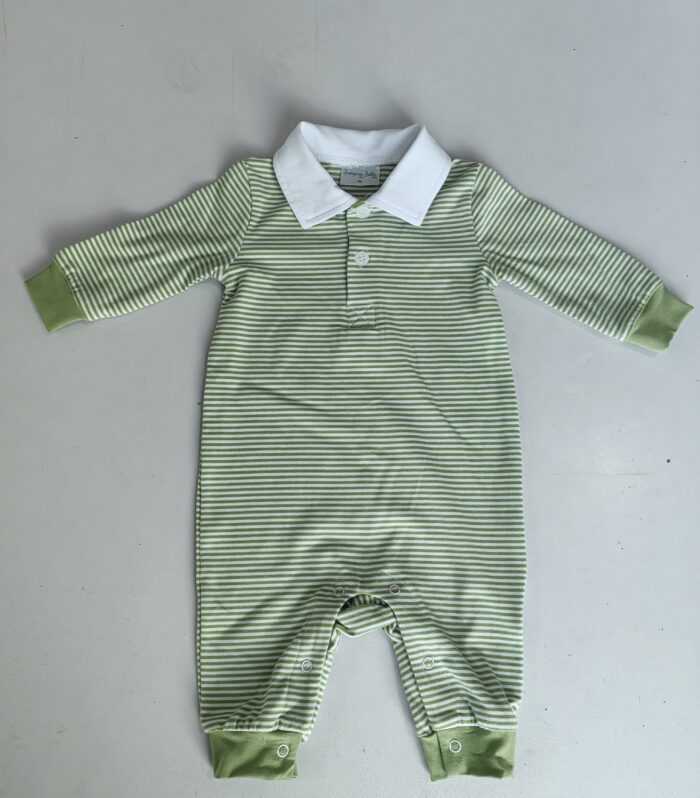 Baby Green White Stripe Polo Collar Longall Romper