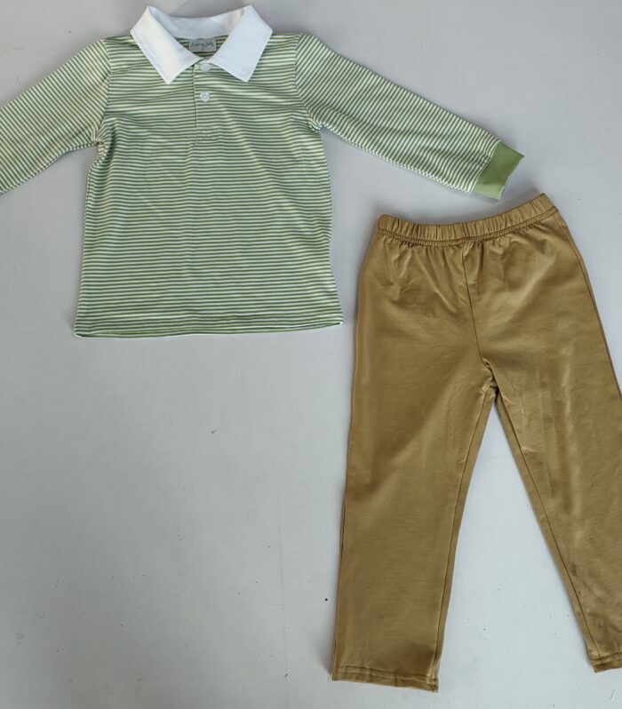 Boys Green Stripe Polo Top & Khaki Pant Set