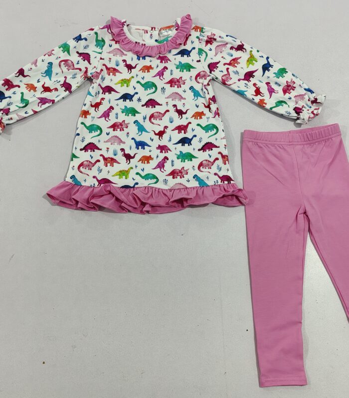 Kids Allover Dino Print Ruffle Tunic & Solid Pink Legging Set