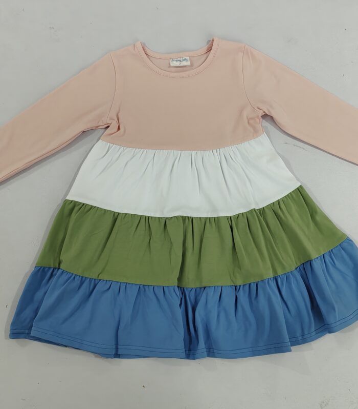Girls Four-Color Tiered Cake Ruffle Long Sleeve Dress