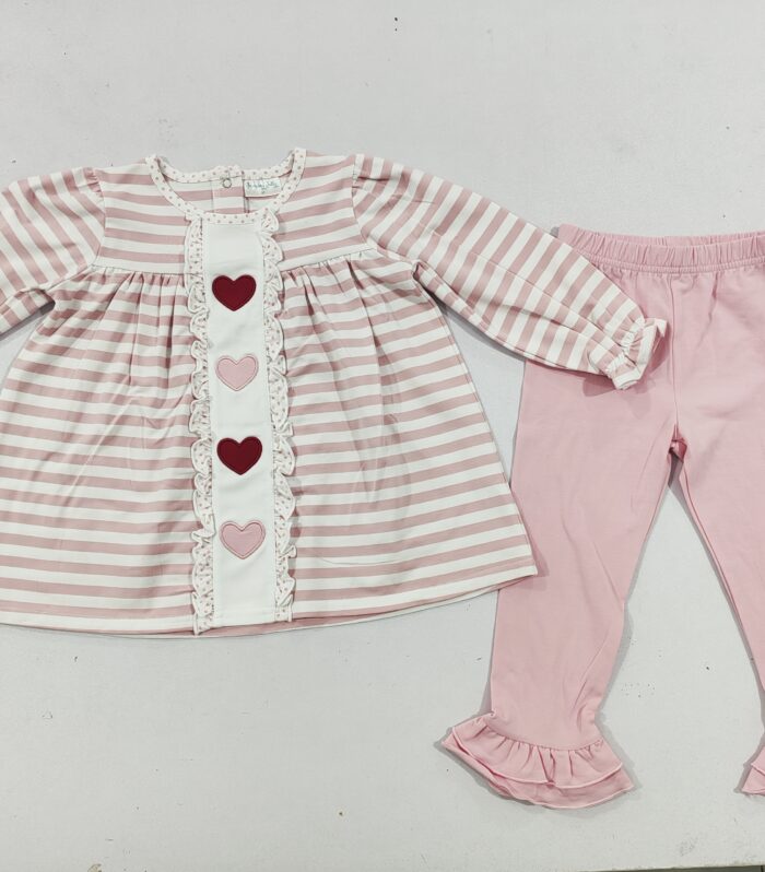 Girls Pink White Stripe Heart Applique Tunic & Ruffle Legging Set