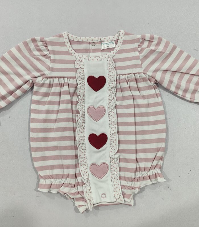 Baby Pink Stripe Heart Ruffle Bubble Romper