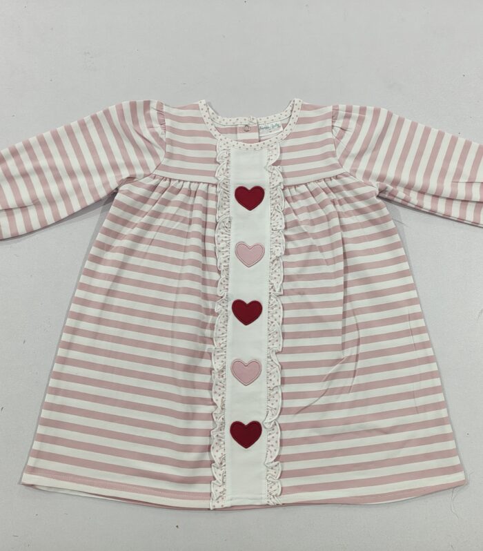Girls Pink Striped Dual Heart Ruffle Long Sleeve Dress