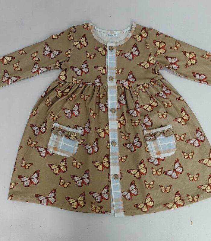 Girls Brown Allover Butterfly Placket Plaid Pocket Dress
