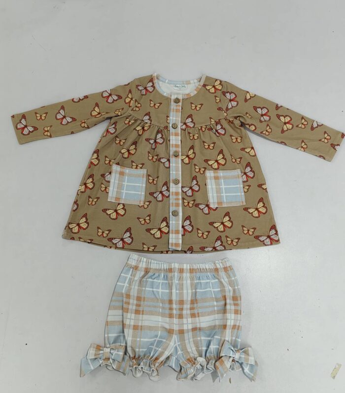 Girls Butterfly Tunic & Plaid Bow Ruffle Bloomer Set