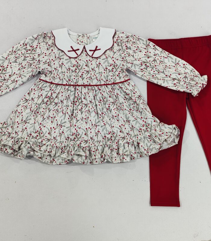Girls Christmas Red Berry Print Peter Pan Tunic & Solid Red Legging Set