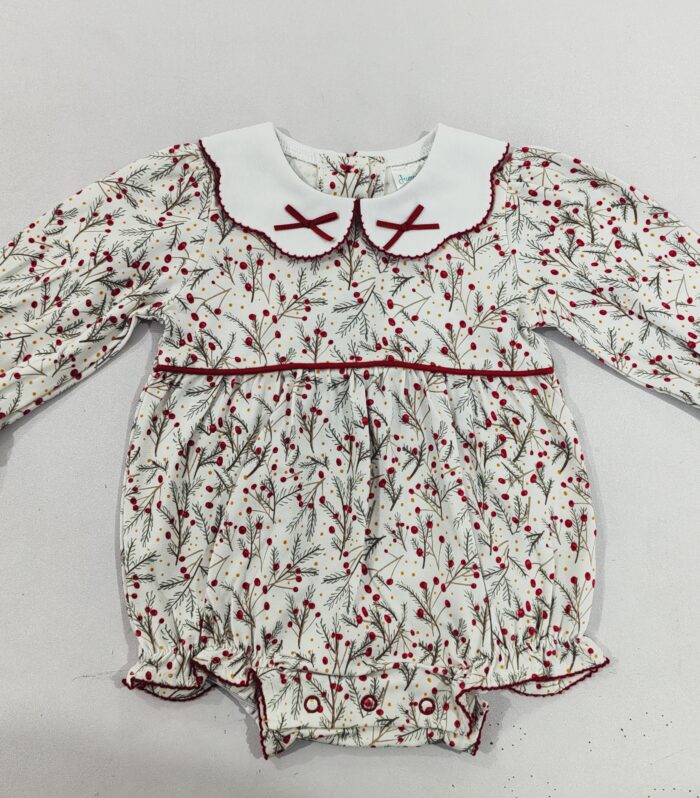 Baby Christmas Red Berry Floral Ruffle Bubble Romper