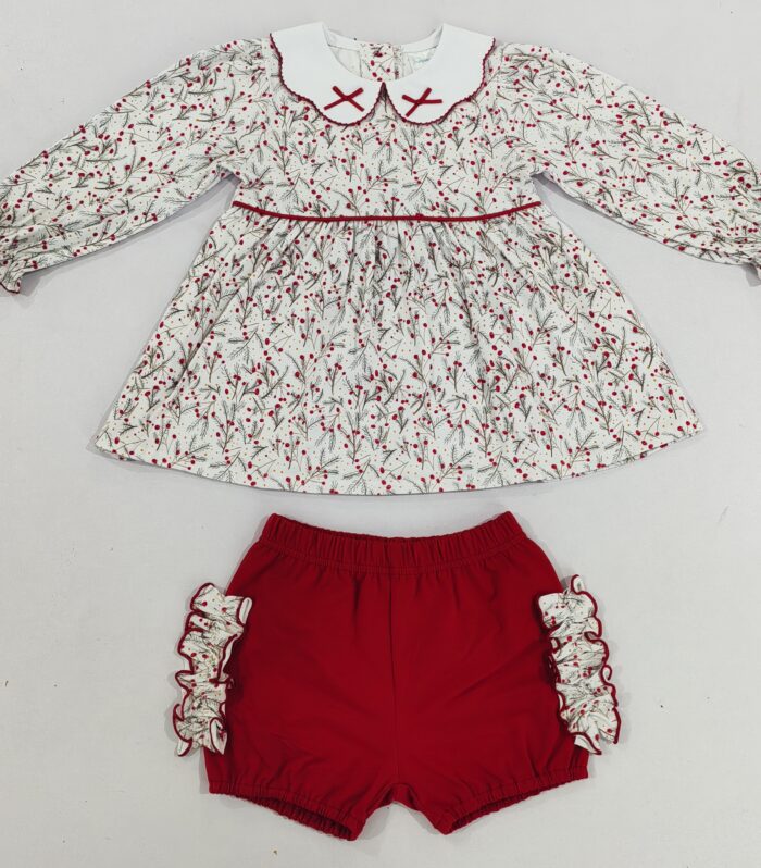 Girls Red Berry Print Tunic & Red Ruffle Bloomer Short Set