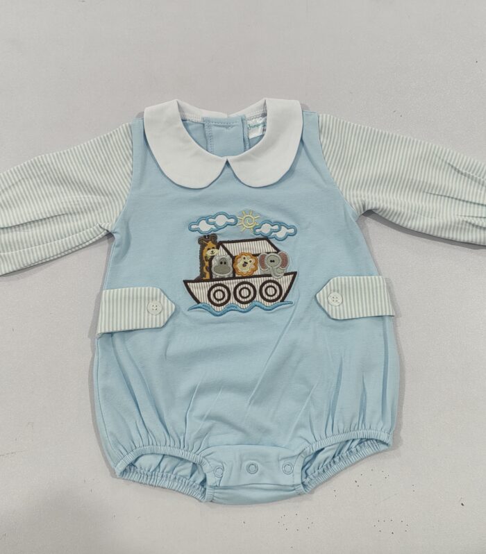 Baby Light Blue Noah’s Ark Animal Applique Bubble Romper