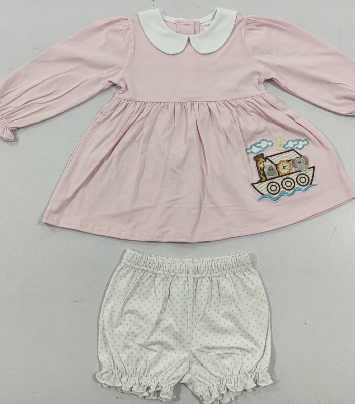 Girls Pink Noah’s Ark Applique Dress & White Dot Ruffle Bloomer Set