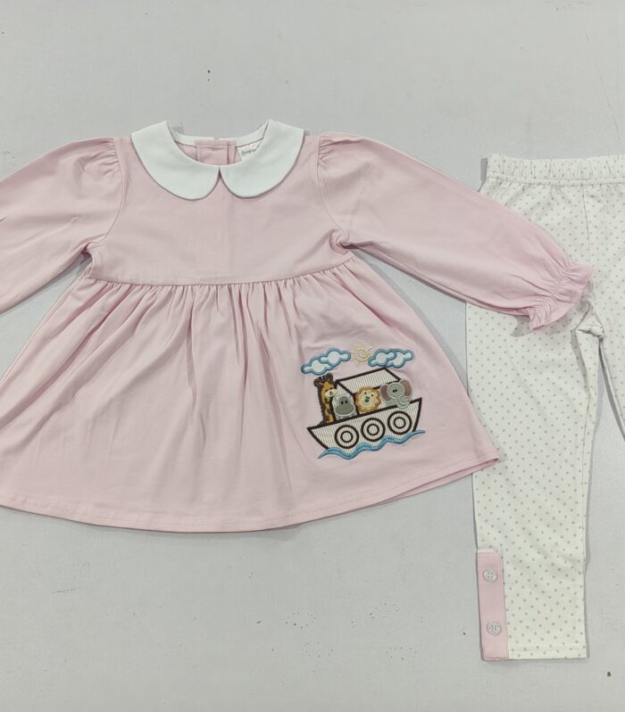 Girls Pink Noah’s Ark Tunic & White Dot Cuff Button Legging Set