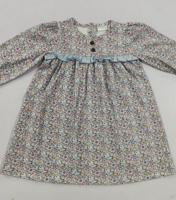 Girls Gray Floral Print Light Blue Ruffle Placket Long Sleeve Dress