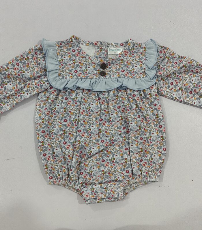 Baby Gray Floral Print Light Blue Ruffle Bubble Romper