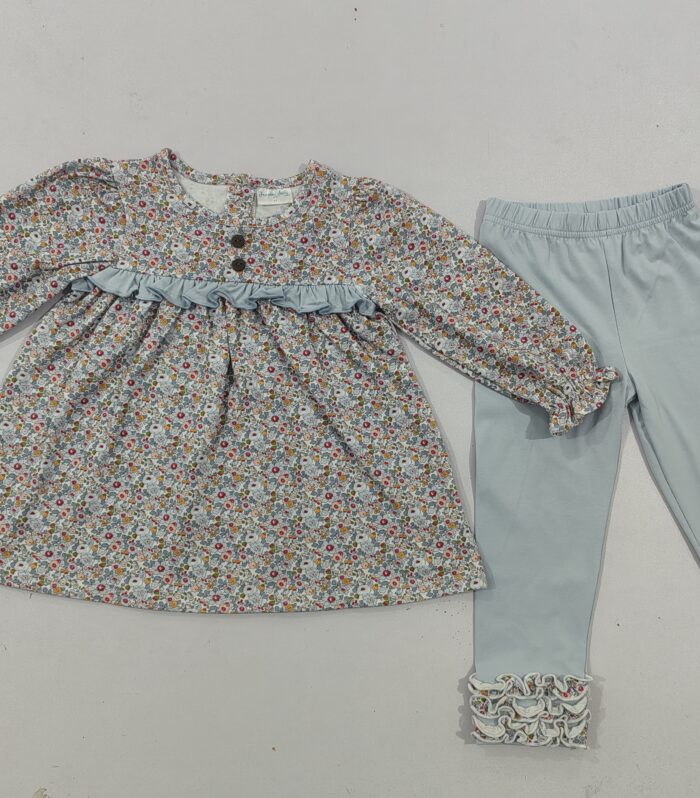 Girls Floral Print Tunic & Light Blue Ruffle Legging Set