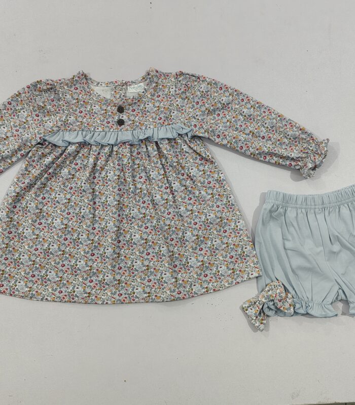 Girls Floral Print Tunic & Light Blue Bow Bloomer Short Set