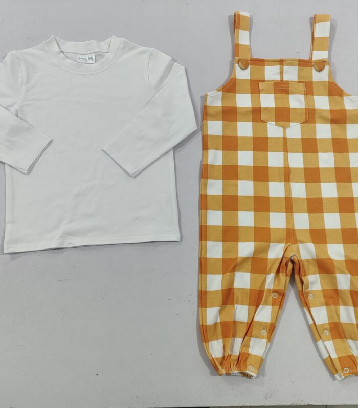 Boys White Long Sleeve Tee & Orange Buffalo Check Overalls Set