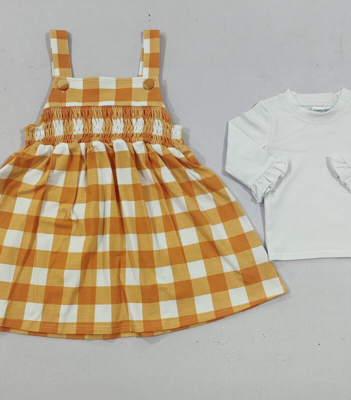 Girls Orange Buffalo Check Smocked Jumper Dress & White Ruffle Sleeve Tee Set