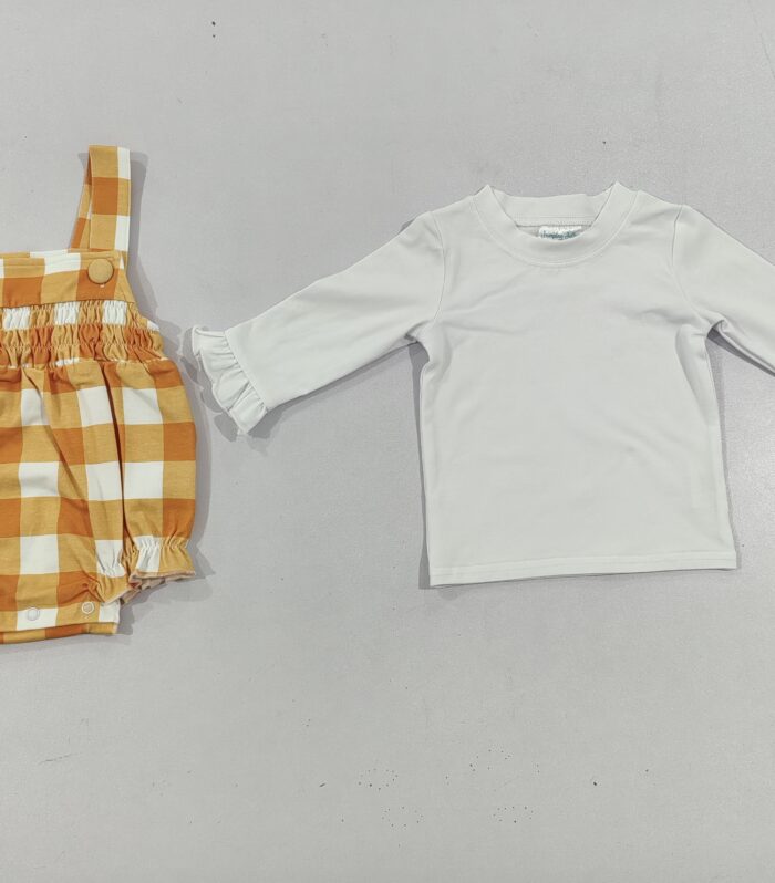 Baby Orange Check Smocked Strap Bubble Romper & White Ruffle Sleeve Top Set