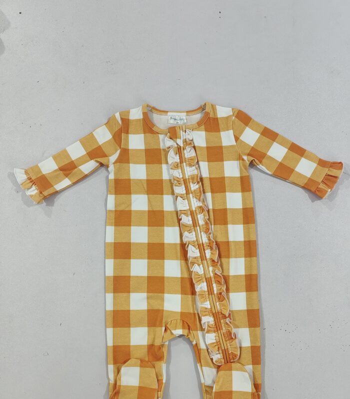 Baby Orange Buffalo Check Footed Zip Romper with Front Ruffle Trim