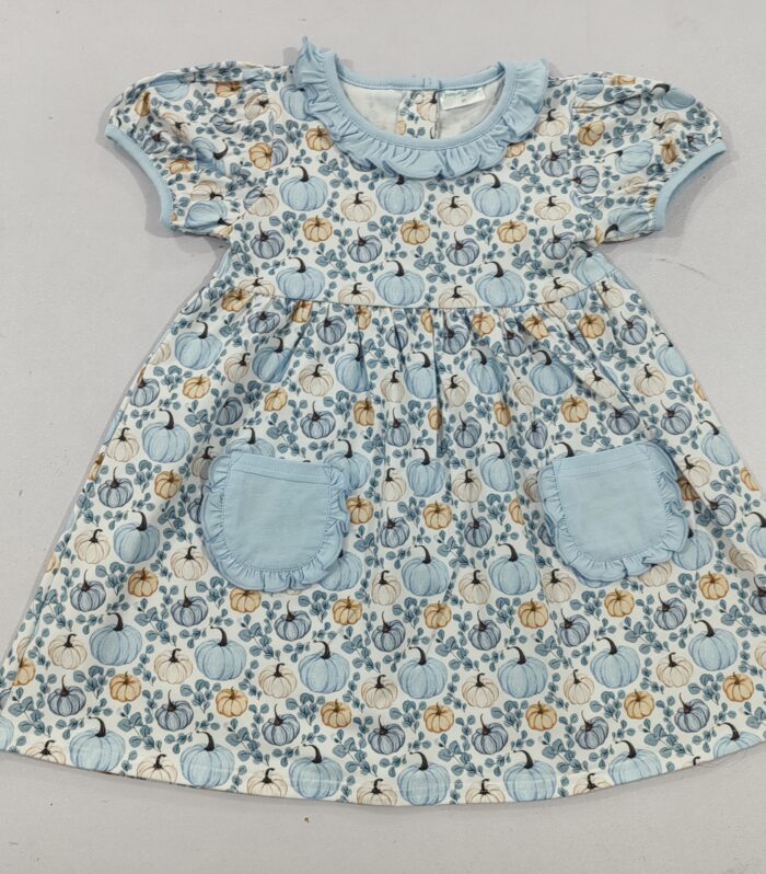Girls Blue Pumpkin Print Ruffle Neck Dress with Side Pockets