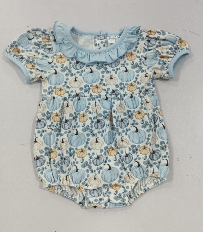 Baby Blue Pumpkin Print Ruffle Neck Bubble Romper