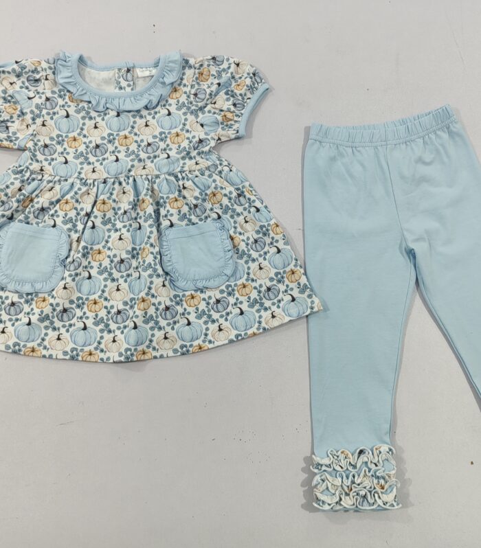 Girls Pumpkin Print Tunic & Light Blue Ruffle Legging Set