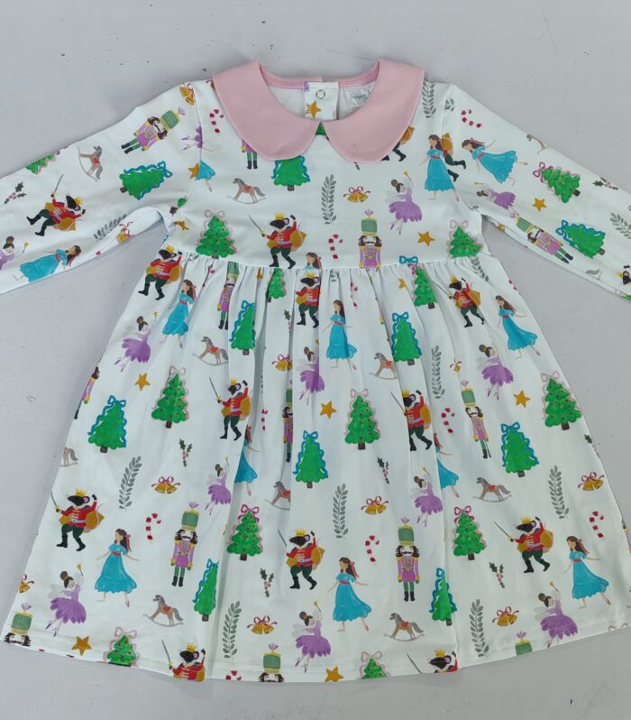 Girls Nutcracker Print Pink Peter Pan Collar Long Sleeve Dress