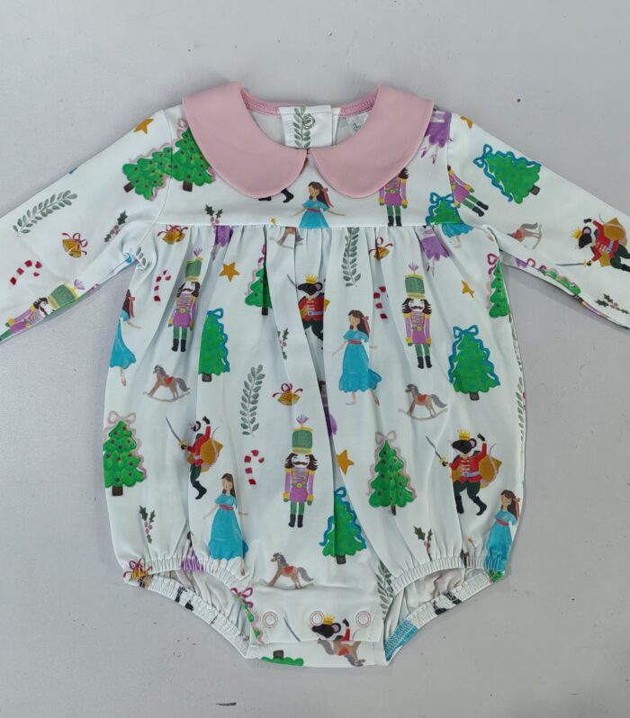 Baby Nutcracker Print Pink Peter Pan Collar Bubble Romper