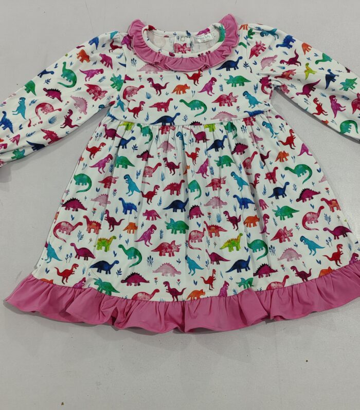 Girls Watercolor Dinosaur Print Pink Ruffle Collar Dress