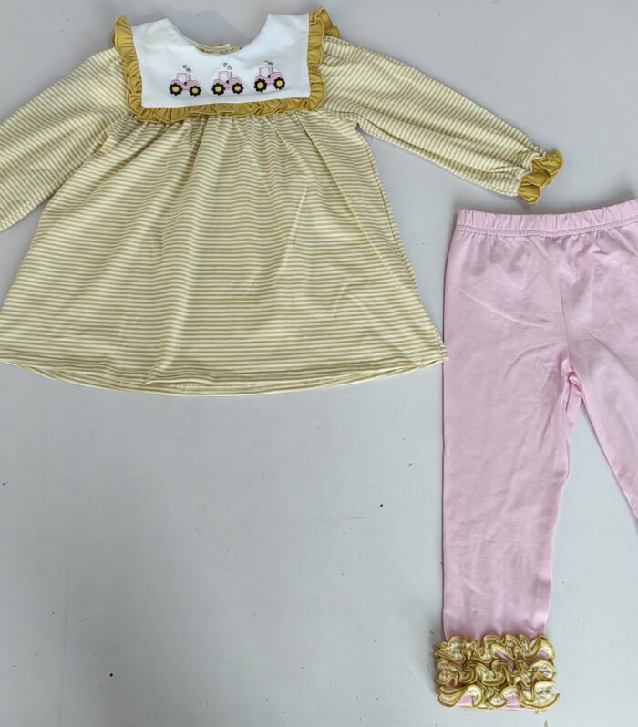 Girls Yellow White Stripe Tractor Applique Top & Pink Legging Set