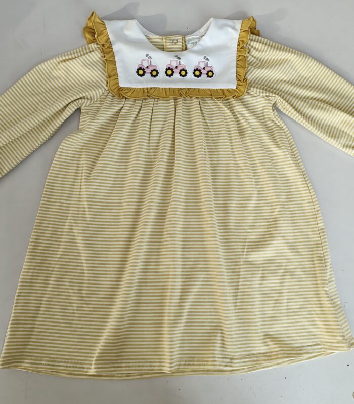 Girls Yellow Stripe Pink Tractor Applique Dress